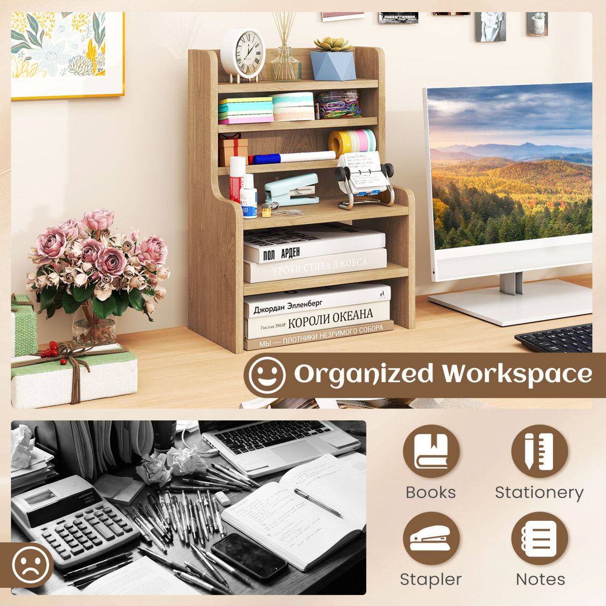 Desktop Organizer 6-Tier Mini Storage Rack with 2 Removable Shelves-Natural