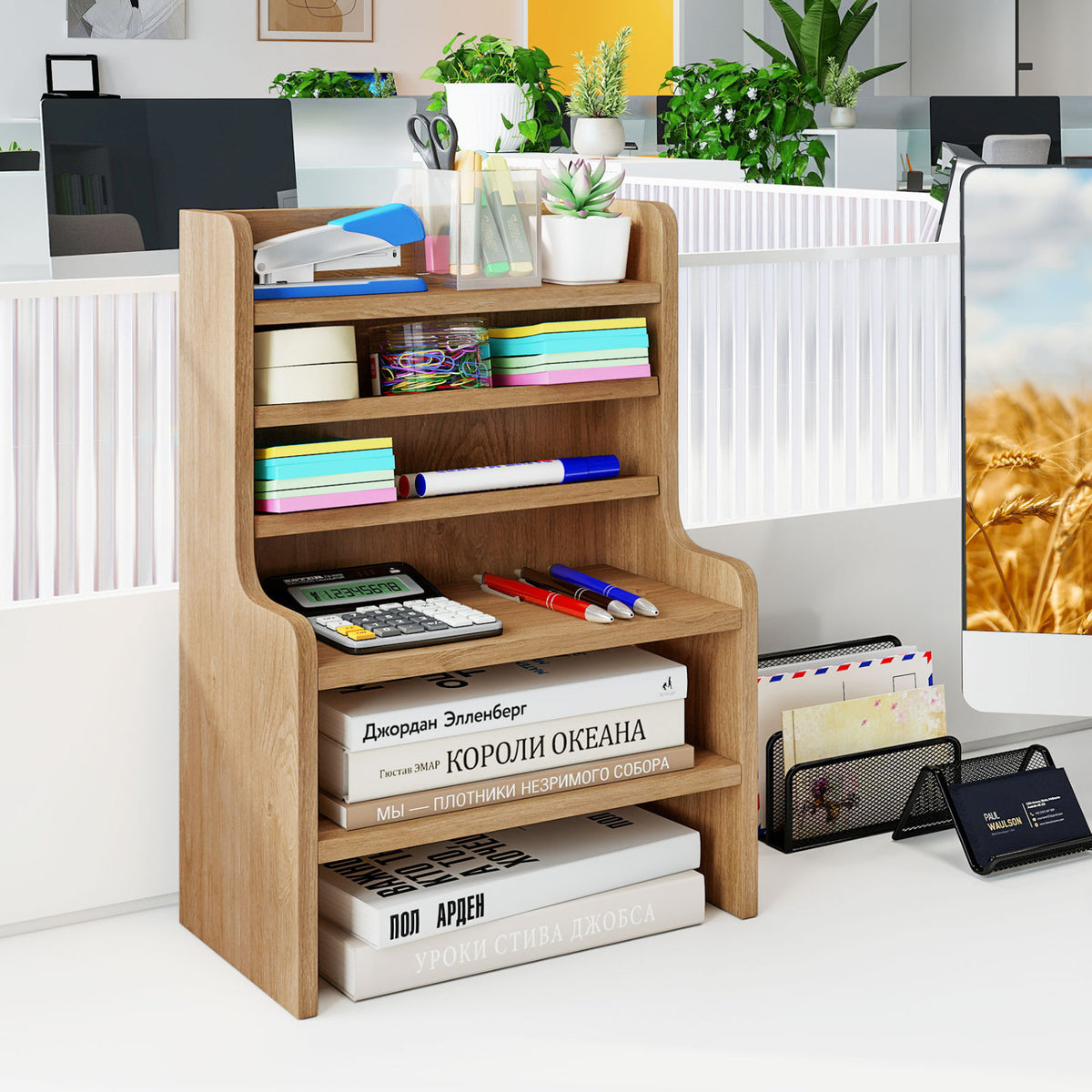 Desktop Organizer 6-Tier Mini Storage Rack with 2 Removable Shelves-Natural
