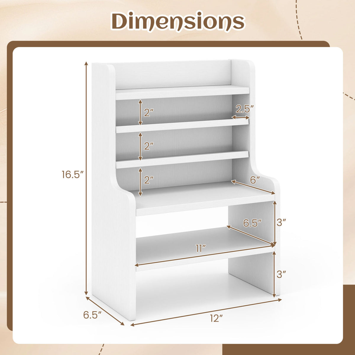 Desktop Organizer 6-Tier Mini Storage Rack with 2 Removable Shelves-White