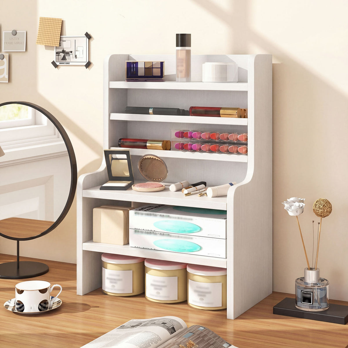 Desktop Organizer 6-Tier Mini Storage Rack with 2 Removable Shelves-White