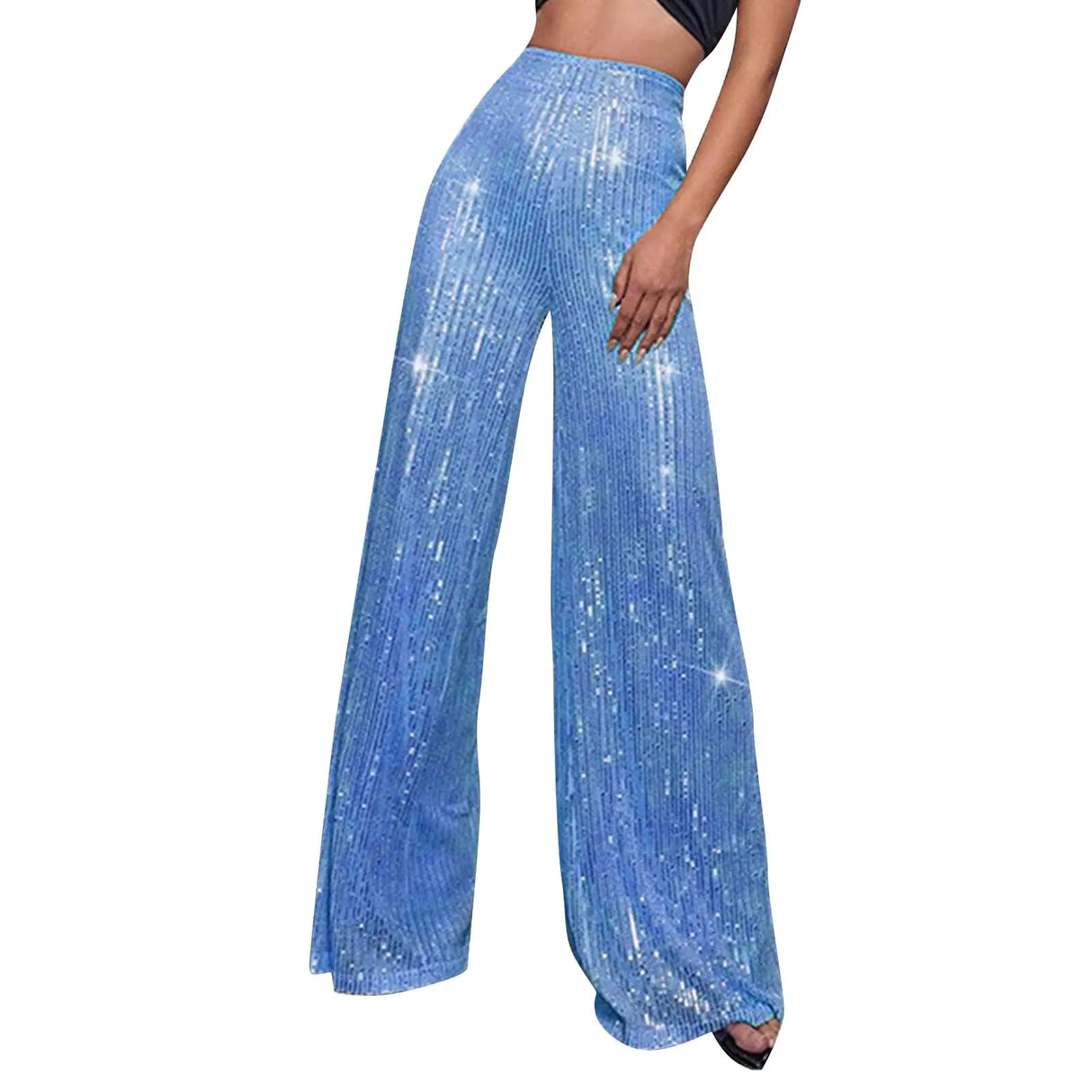 Sequin Pants for Women2024 Spring Sexy Sparkly Glitter Holiday Wide Leg Palazzo Pants Bling Party Nightout Legging Clubwear High Elastic Waist Trouser New Year Eve Outfit(A-Sky BlueLarge