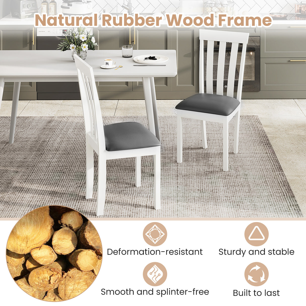 Dining Chair Set of 2 Upholstered Wooden Kitchen Chairs with Padded Seat and Rubber Wood Frame-White
