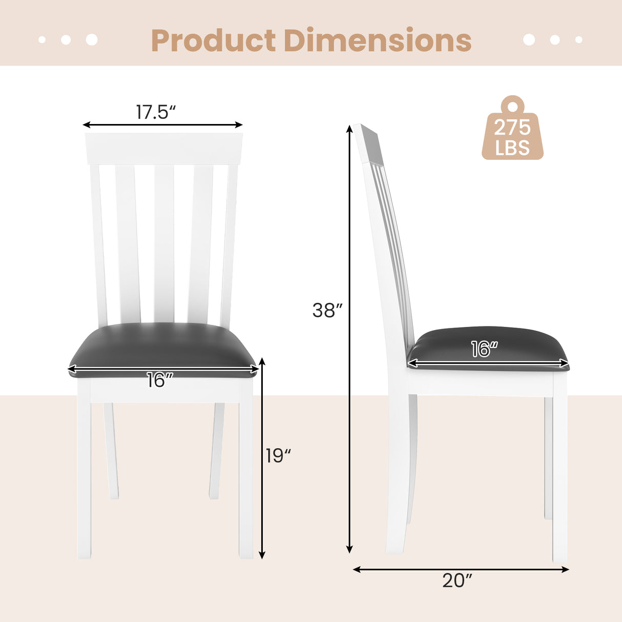 Dining Chair Set of 2 Upholstered Wooden Kitchen Chairs with Padded Seat and Rubber Wood Frame-White