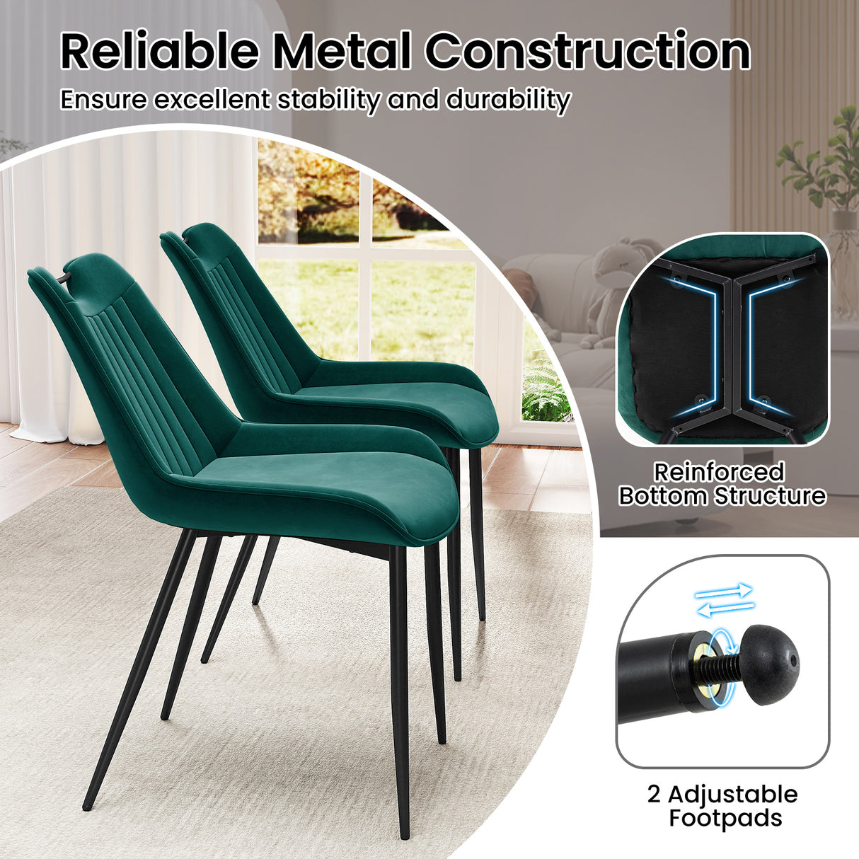 Dining Chair Set of 4 Faux Leather Upholstered Kitchen Chairs with Metal Legs-Turquoise