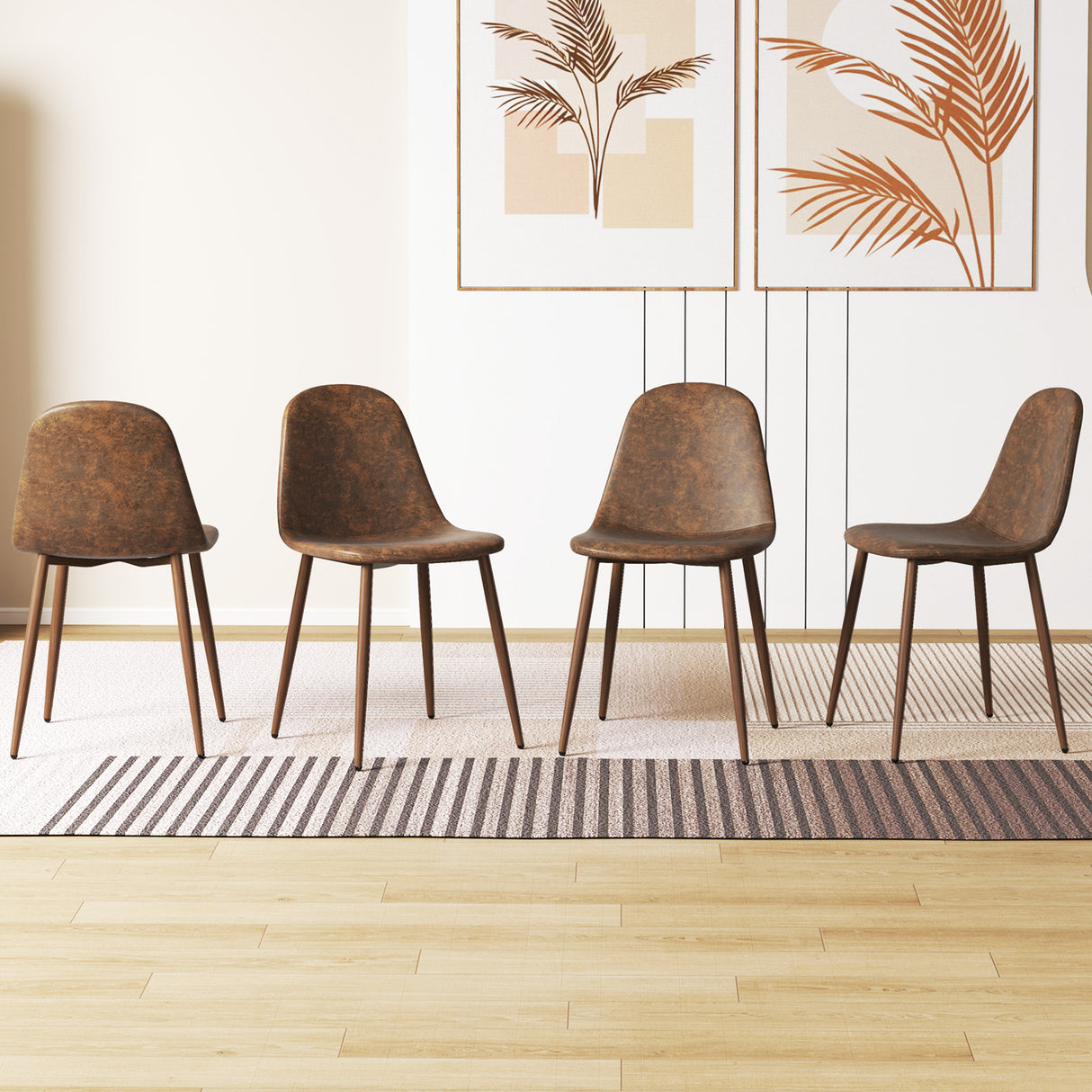 Dining Chair Set of 4 Faux PU Leather Upholstered Kitchen Chairs with Metal Legs-Brown