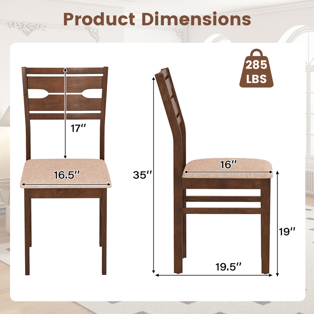 Dining Chair Set of 2/4 with Rubber Wood Frame and Padded Seat-4