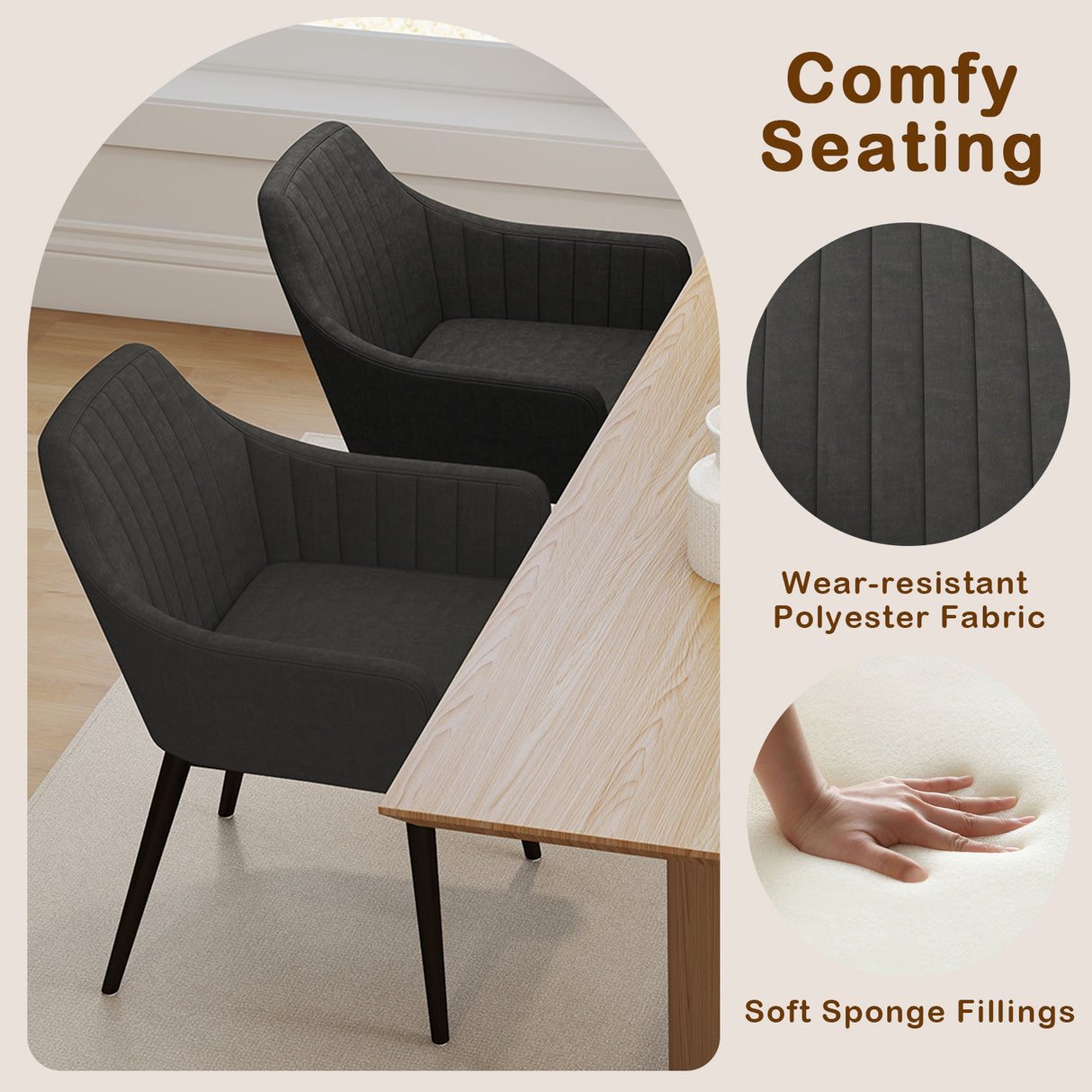 Dining Chairs Set of 2 Upholstered Accent Chairs with Comfy Padded Backrest and Seat-Black