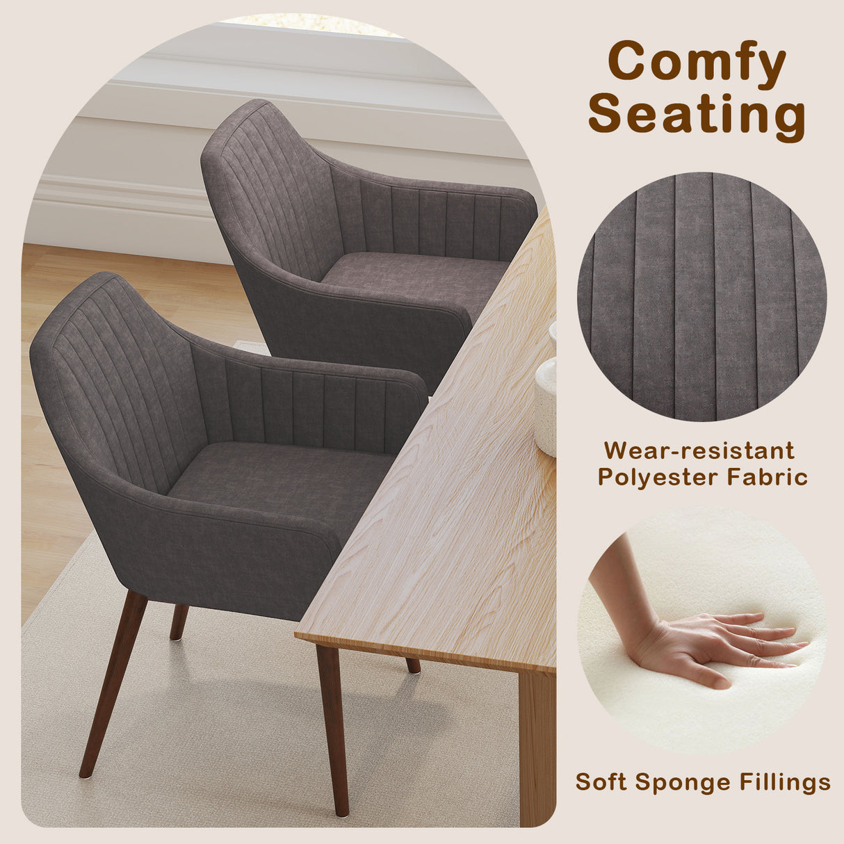 Dining Chairs Set of 2 Upholstered Accent Chairs with Comfy Padded Backrest and Seat-Gray