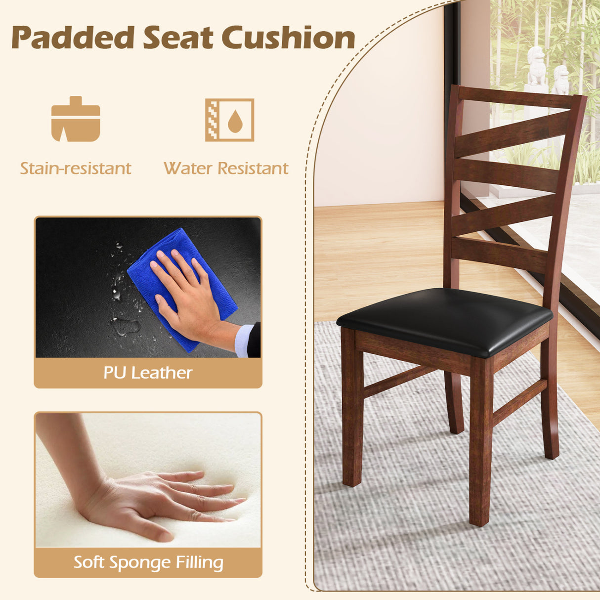 Dining Chairs Set of 2 Kitchen Side Chairs with Rubber Wood Legs-Walnut