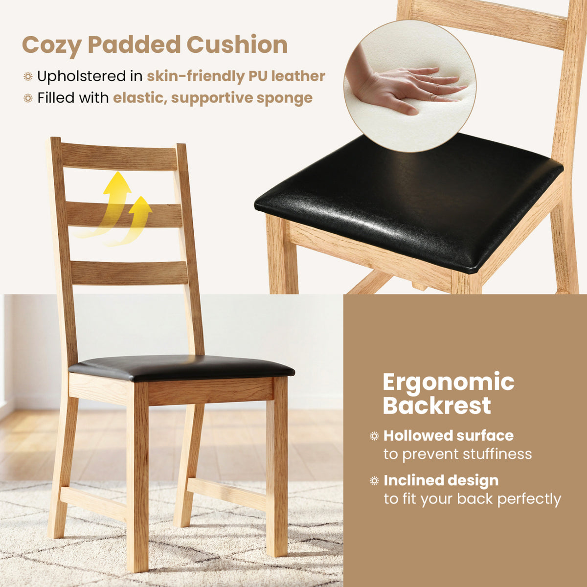 Dining Chairs Set of 2 Farmhouse Dining Room Chairs with Hollowed Backrest-Natural