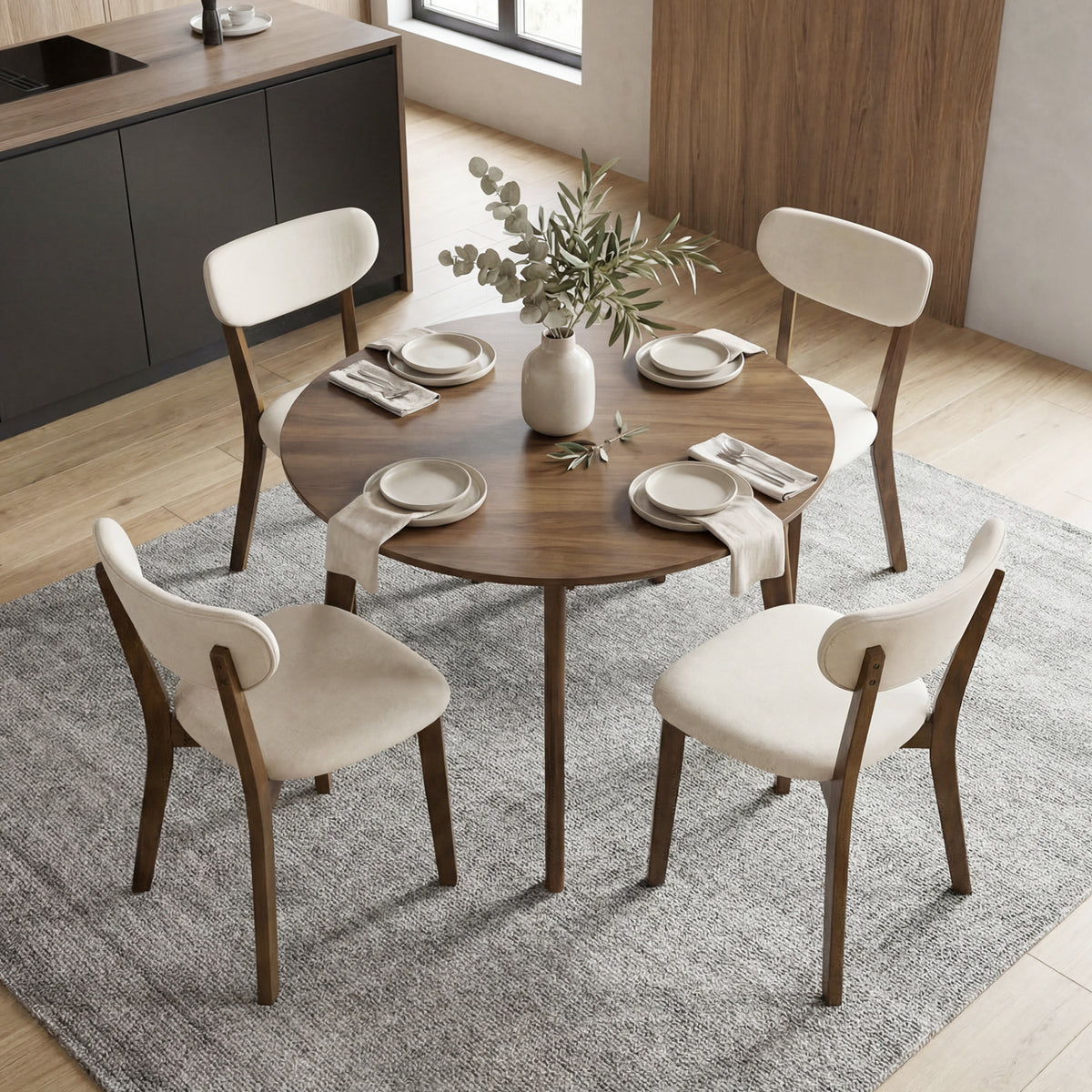Dining Chairs Set of 2 Upholstered Mid-Back Chairs with Solid Rubber Wood Frame-White
