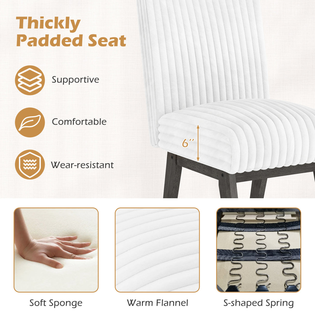 Dining Chairs Set of 2 Fabric Upholstered Kitchen Chairs with Padded Seatand Rubber Wood Legs-Gray & White