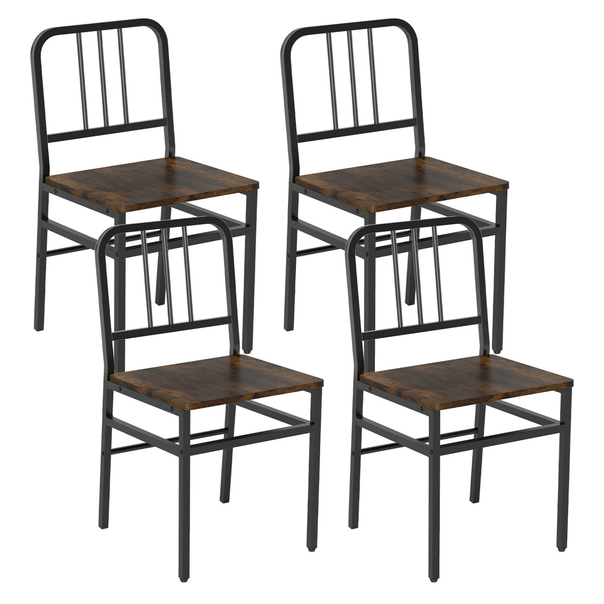 Dining Chairs Set of 4 with Slatted Backrest & Metal Frame and Wooden Seat-Rustic Brown
