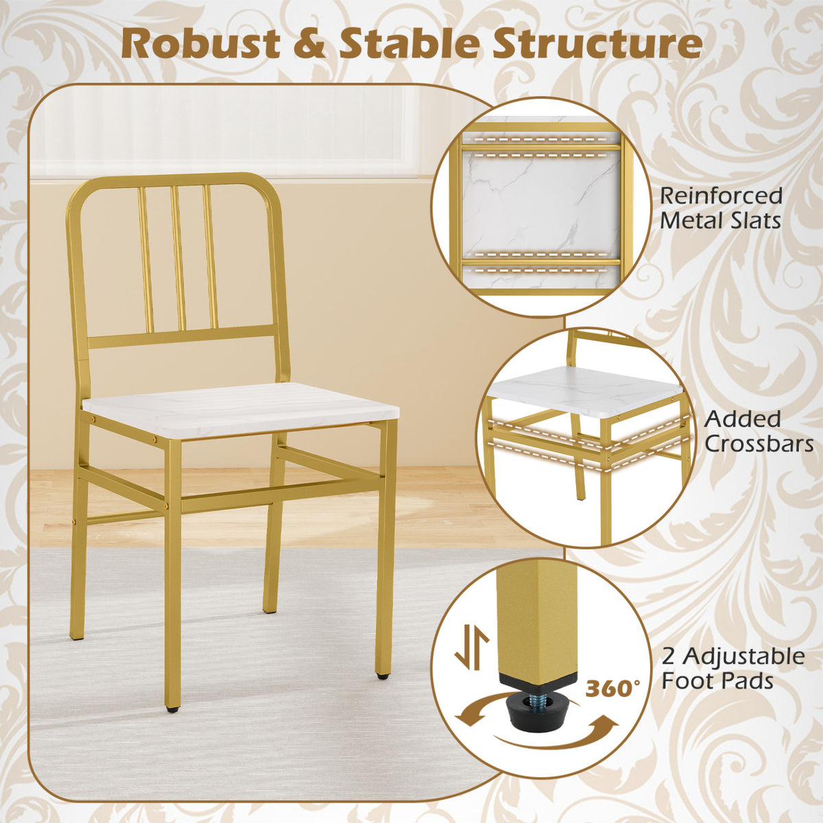 Dining Chairs Set of 4 with Slatted Backrest & Metal Frame and Wooden Seat-White