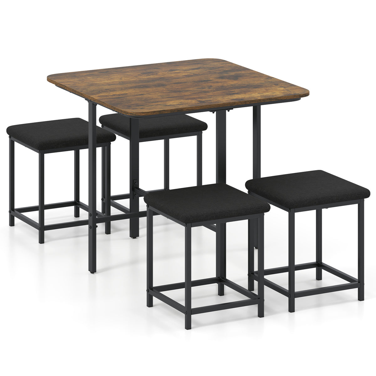 Dining Table Set with 4 Upholstered Stools and Metal Frame-Rustic Brown