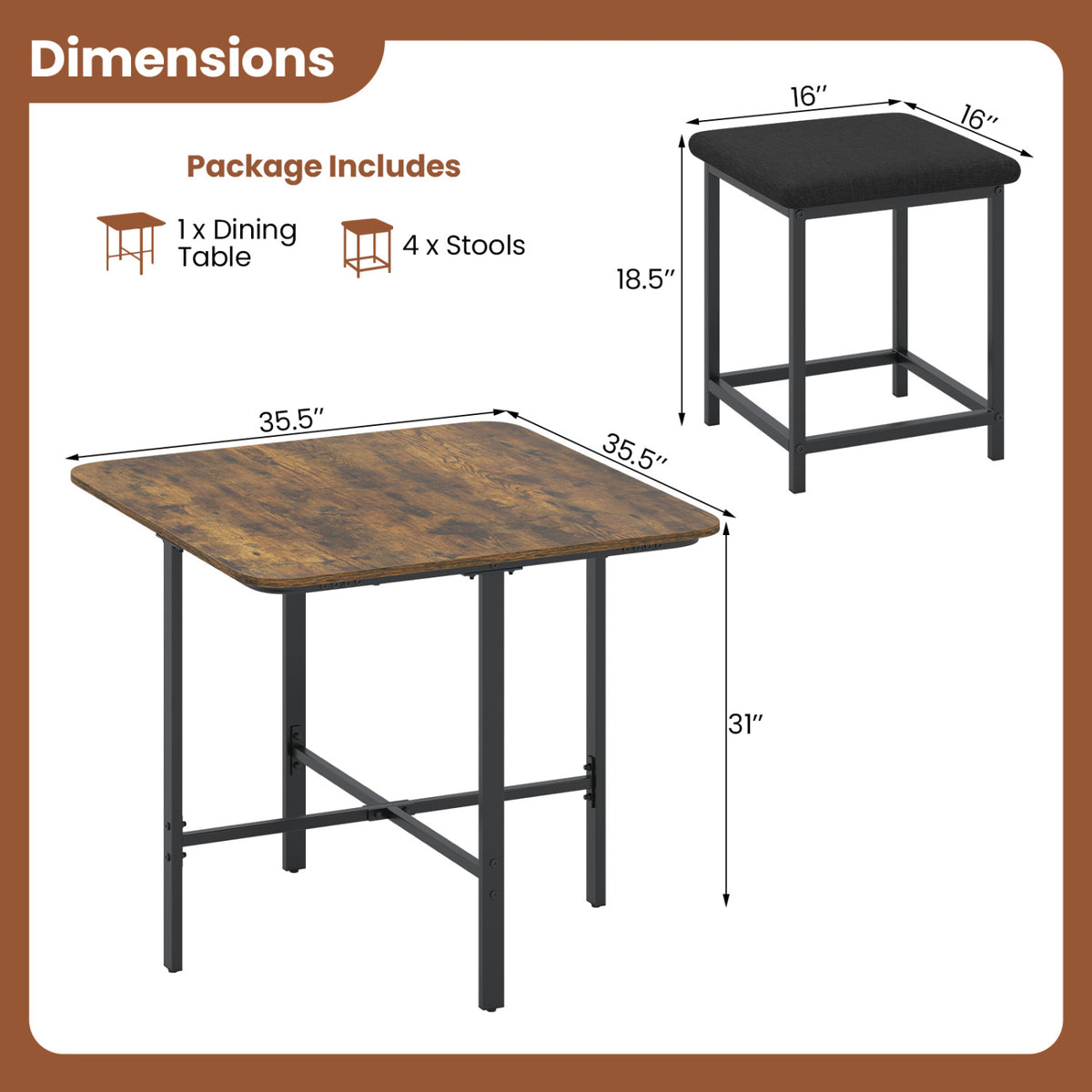 Dining Table Set with 4 Upholstered Stools and Metal Frame-Rustic Brown