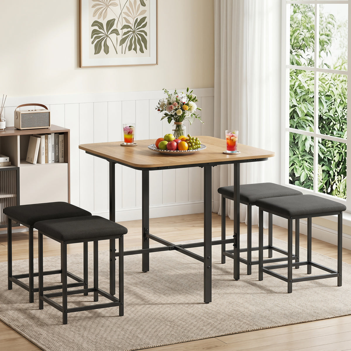 Dining Table Set with 4 Upholstered Stools and Metal Frame-Natural