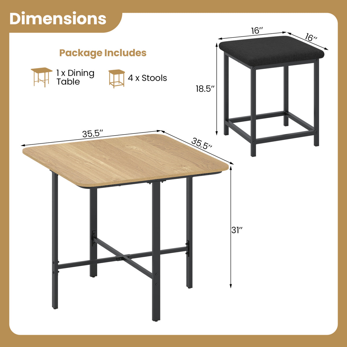 Dining Table Set with 4 Upholstered Stools and Metal Frame-Natural