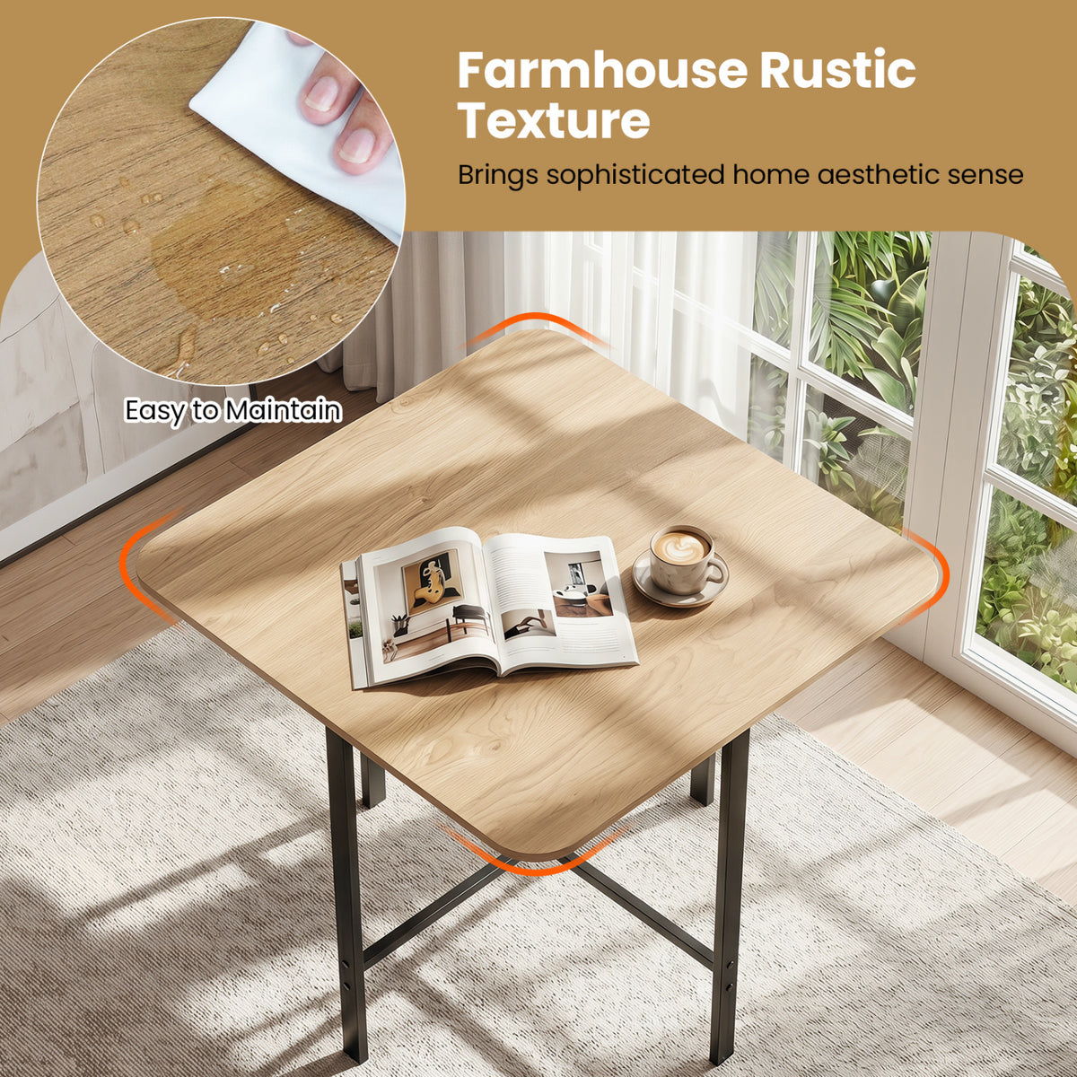 Dining Table Set with 4 Upholstered Stools and Metal Frame-Natural