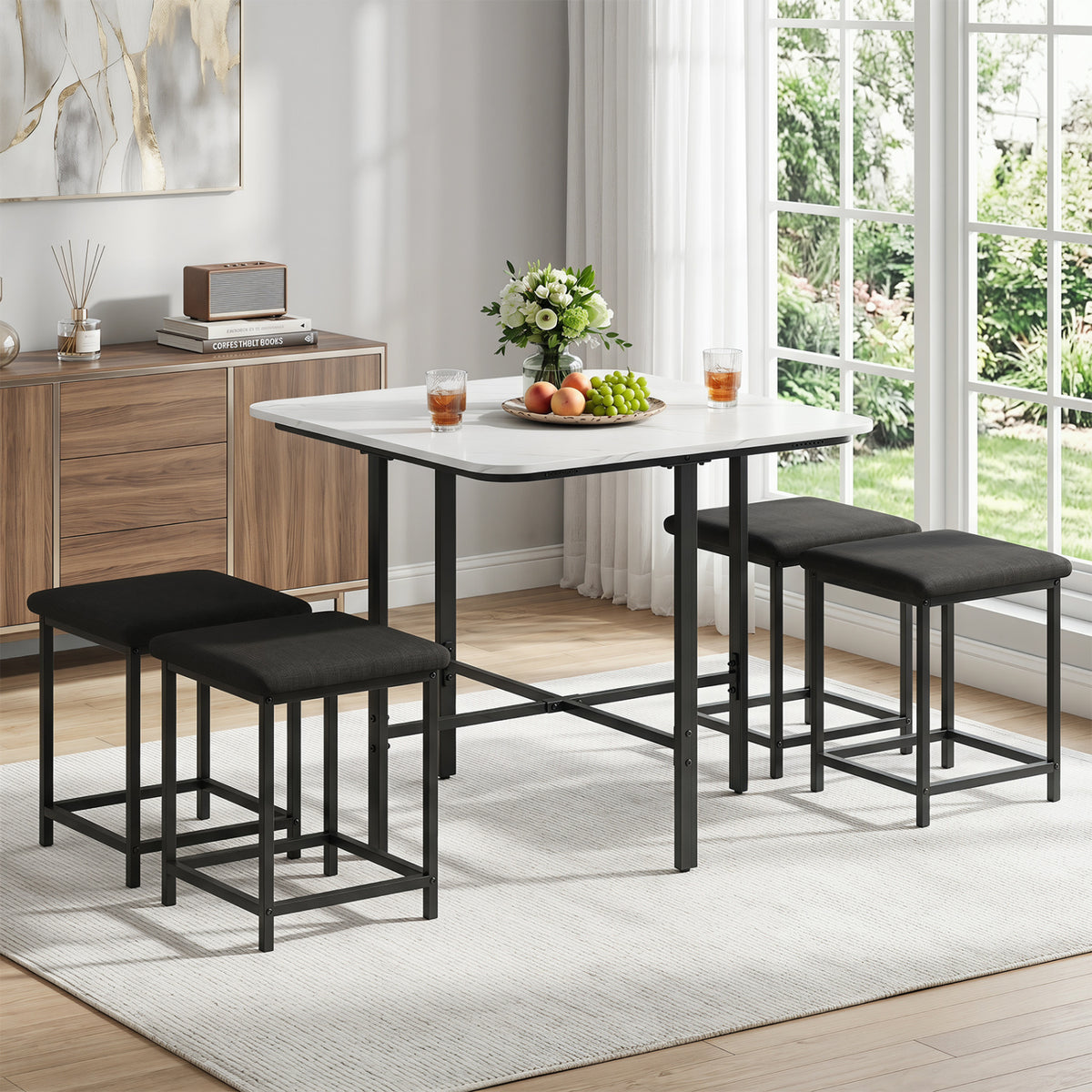 Dining Table Set with 4 Upholstered Stools and Metal Frame-White