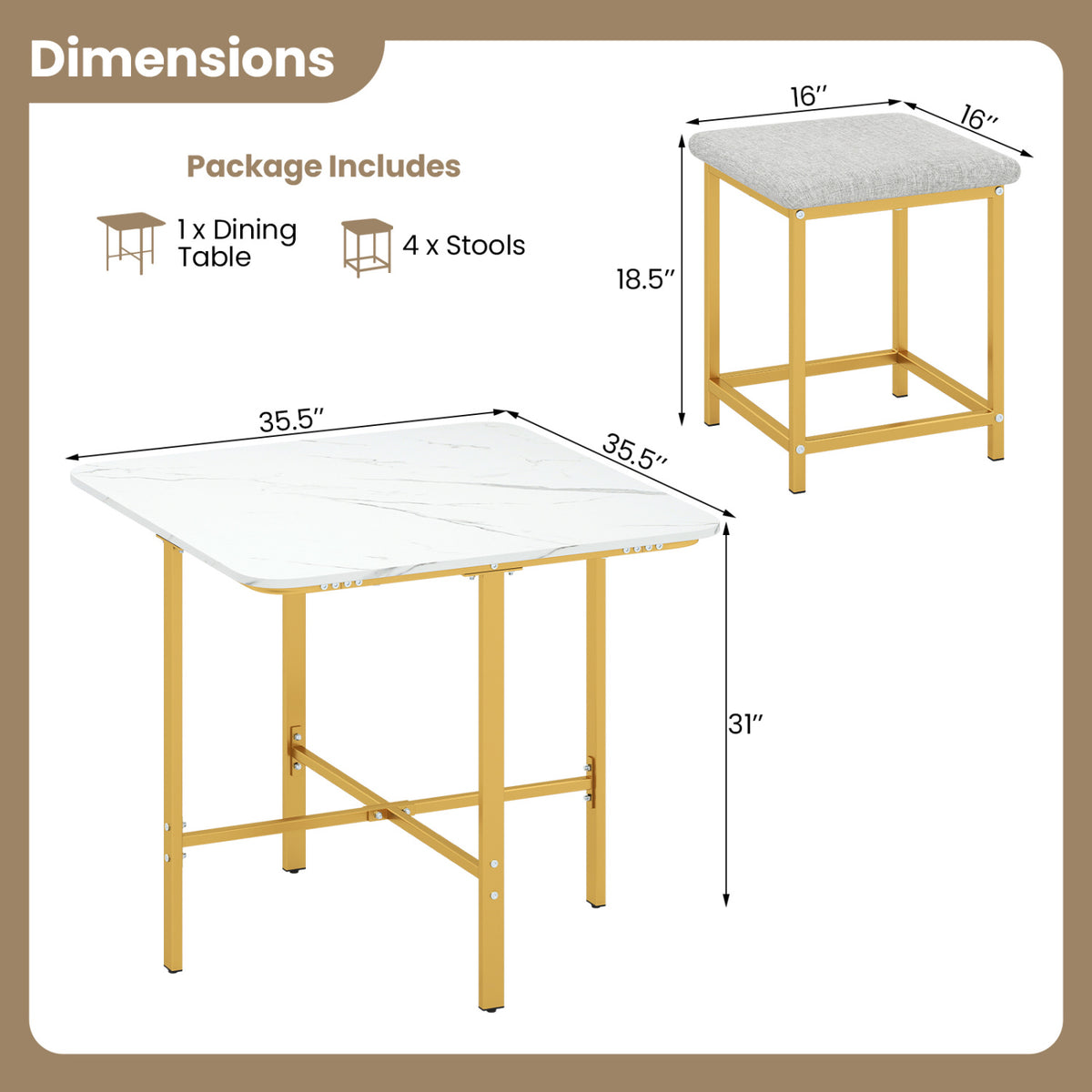 Dining Table Set with 4 Upholstered Stools and Metal Frame-White & Golden