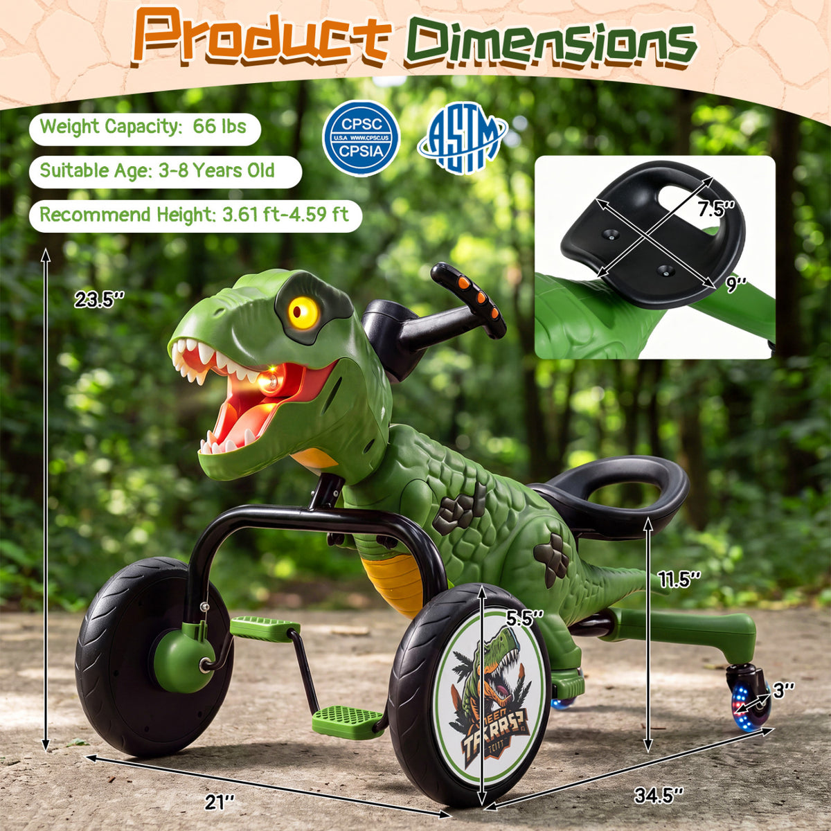 Dinosaur Drift Tricycle with Lights and Spray and 360-Degree Spin Mode-Green