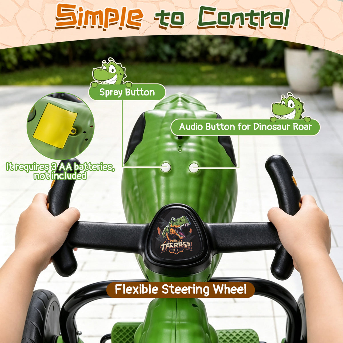 Dinosaur Drift Tricycle with Lights and Spray and 360-Degree Spin Mode-Green