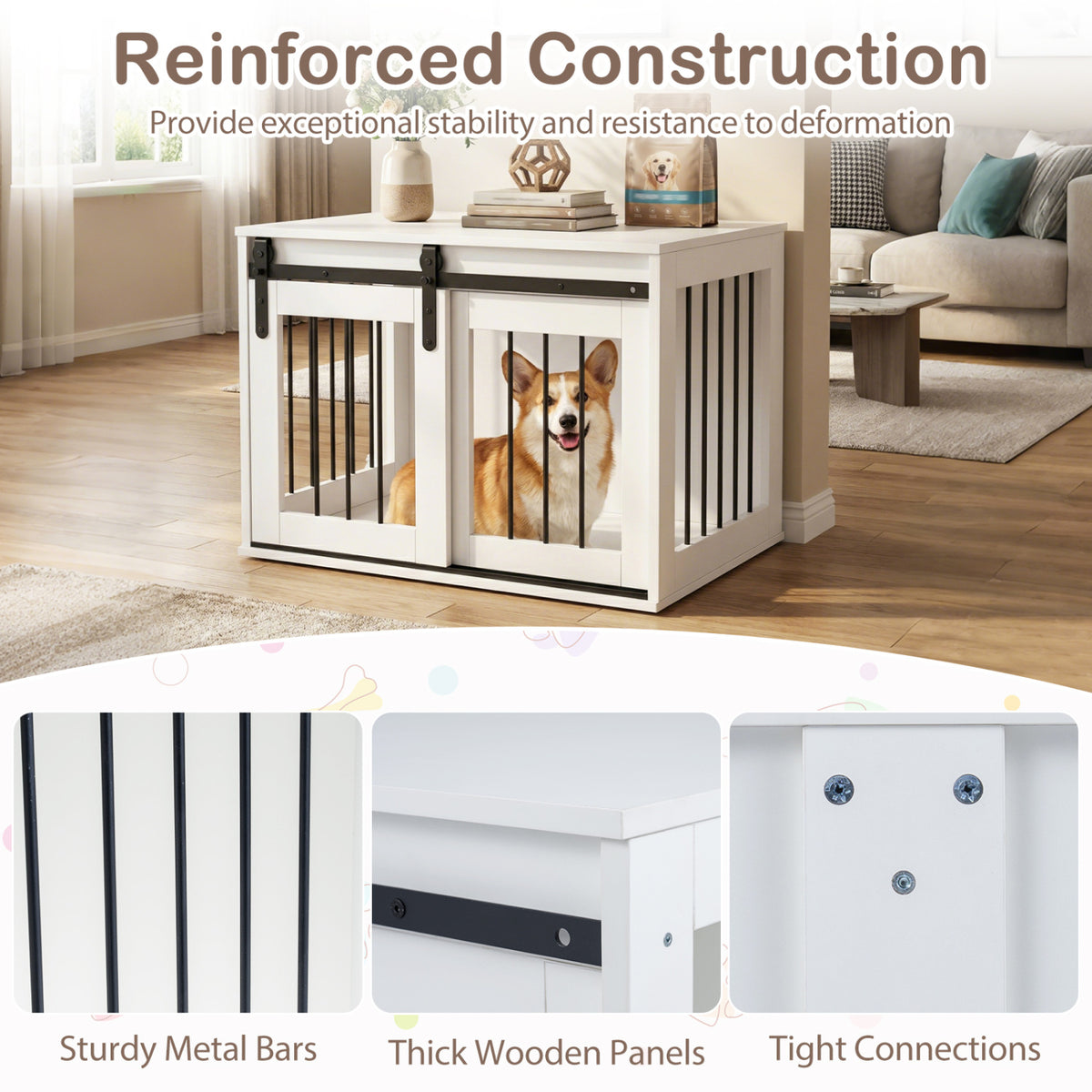Dog Crate Furniture Heavy Duty Dog Kennel with Sliding Barn Door-White