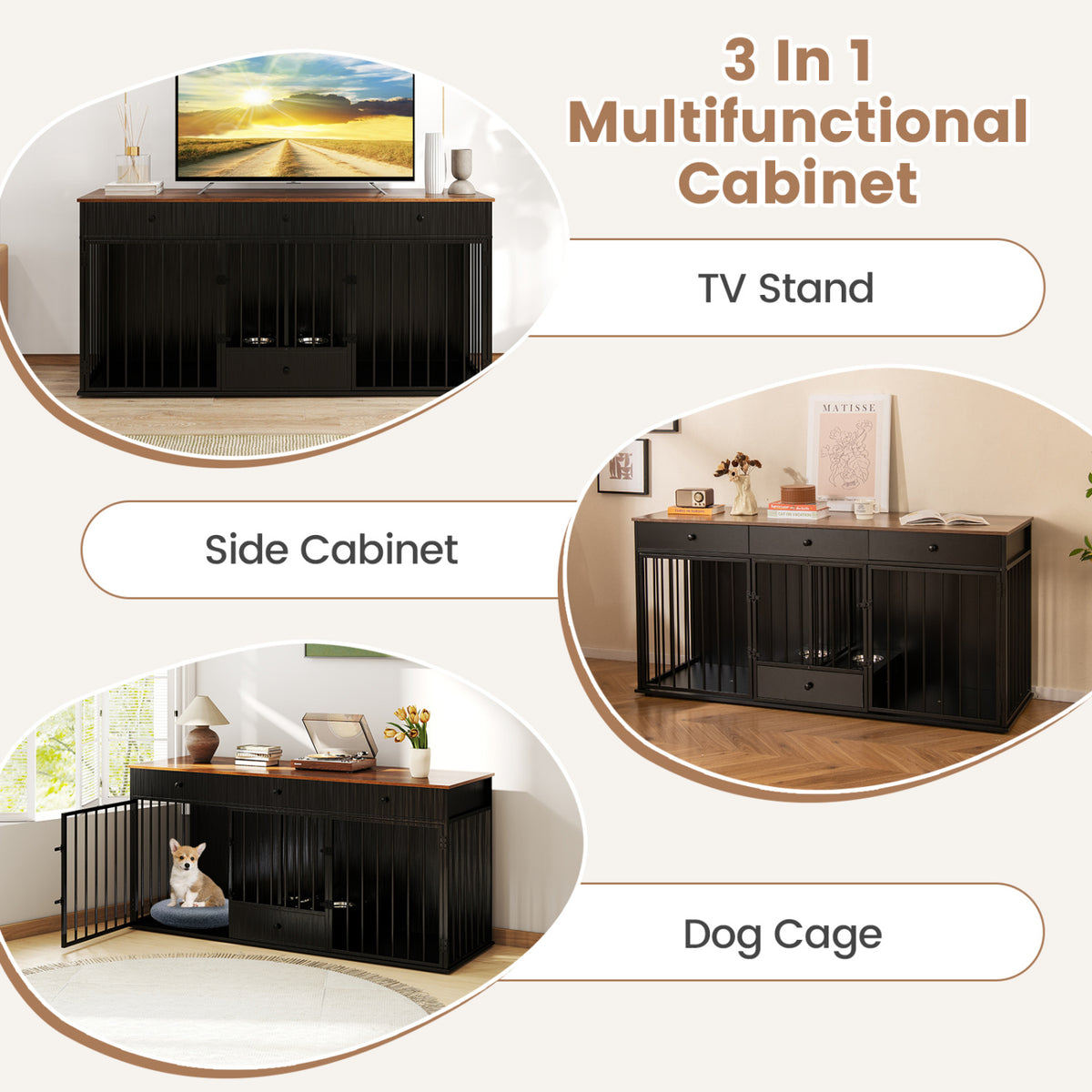 Dog Crate Furniture Indoor Modern Dog Kennel with Divider 3 Drawers and Pull-out Feeder-Black