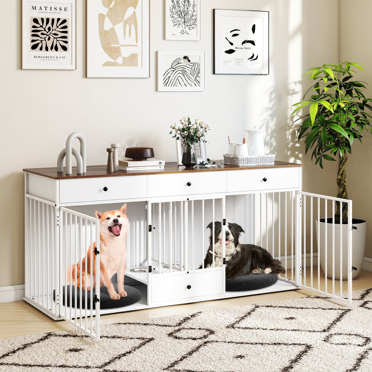 Dog Crate Furniture Indoor Modern Dog Kennel with Divider 3 Drawers and Pull-out Feeder-White