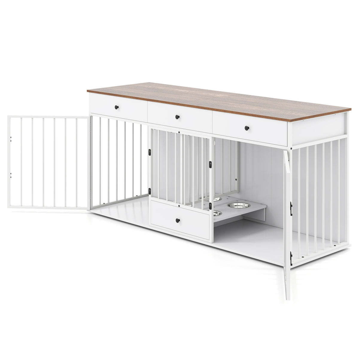 Dog Crate Furniture Indoor Modern Dog Kennel with Divider 3 Drawers and Pull-out Feeder-White