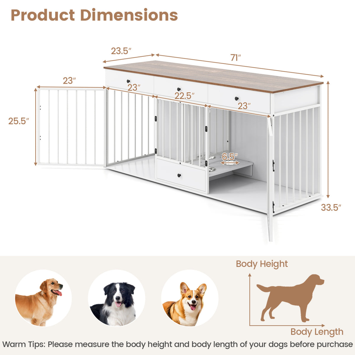 Dog Crate Furniture Indoor Modern Dog Kennel with Divider 3 Drawers and Pull-out Feeder-White