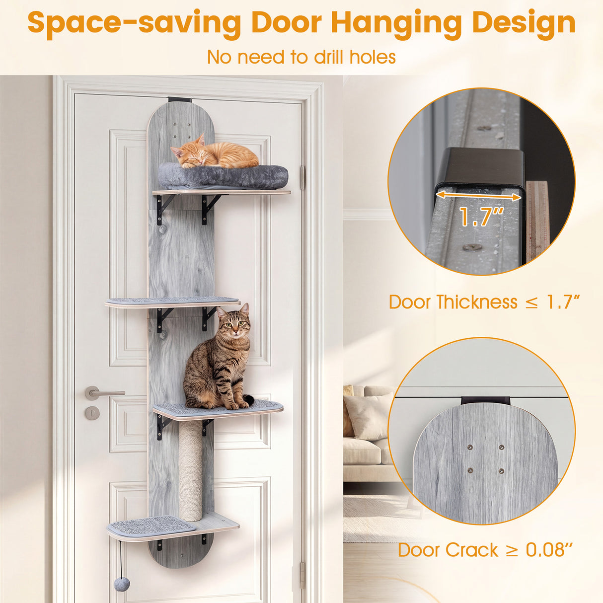 Door Hanging Cat Climber 4-level Height Adjustable with Plush Bed-Gray