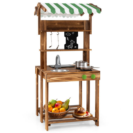 Double-Sided Mud Kitchen with Canopy and Chalkboard for 3+ Years Old-Natural