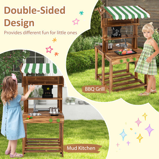Double-Sided Mud Kitchen with Canopy and Chalkboard for 3+ Years Old-Natural