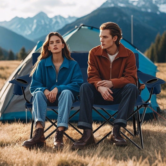 Double Camping Chair 2-Person Outdoor Folding Loveseat with Cup Holders-Blue