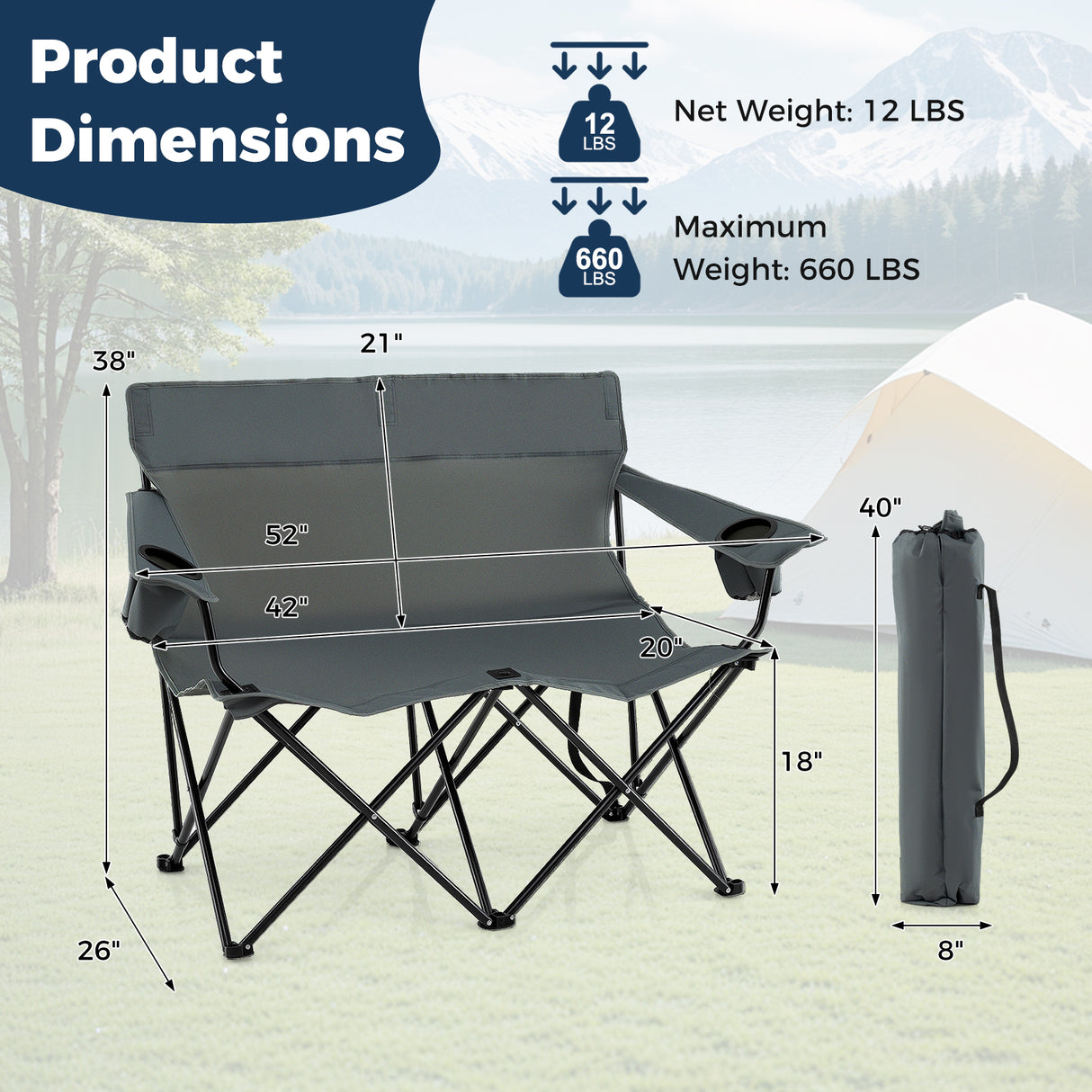 Double Camping Chair 2-Person Outdoor Folding Loveseat with Cup Holders-Gray
