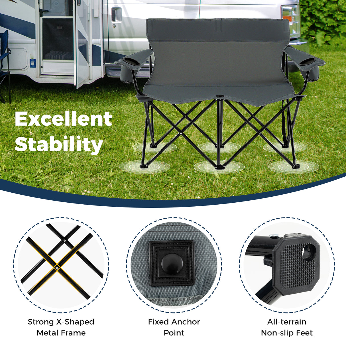 Double Camping Chair 2-Person Outdoor Folding Loveseat with Cup Holders-Gray
