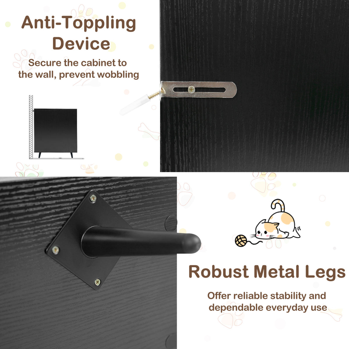 Double Cat Litter Box Enclosure for 2 Cats with Scratching Pad and Double Rooms-Black