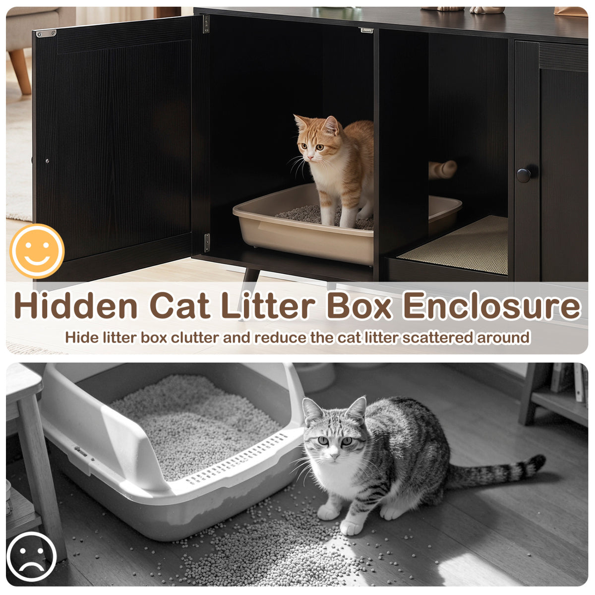 Double Cat Litter Box Enclosure for 2 Cats with Scratching Pad and Double Rooms-Black