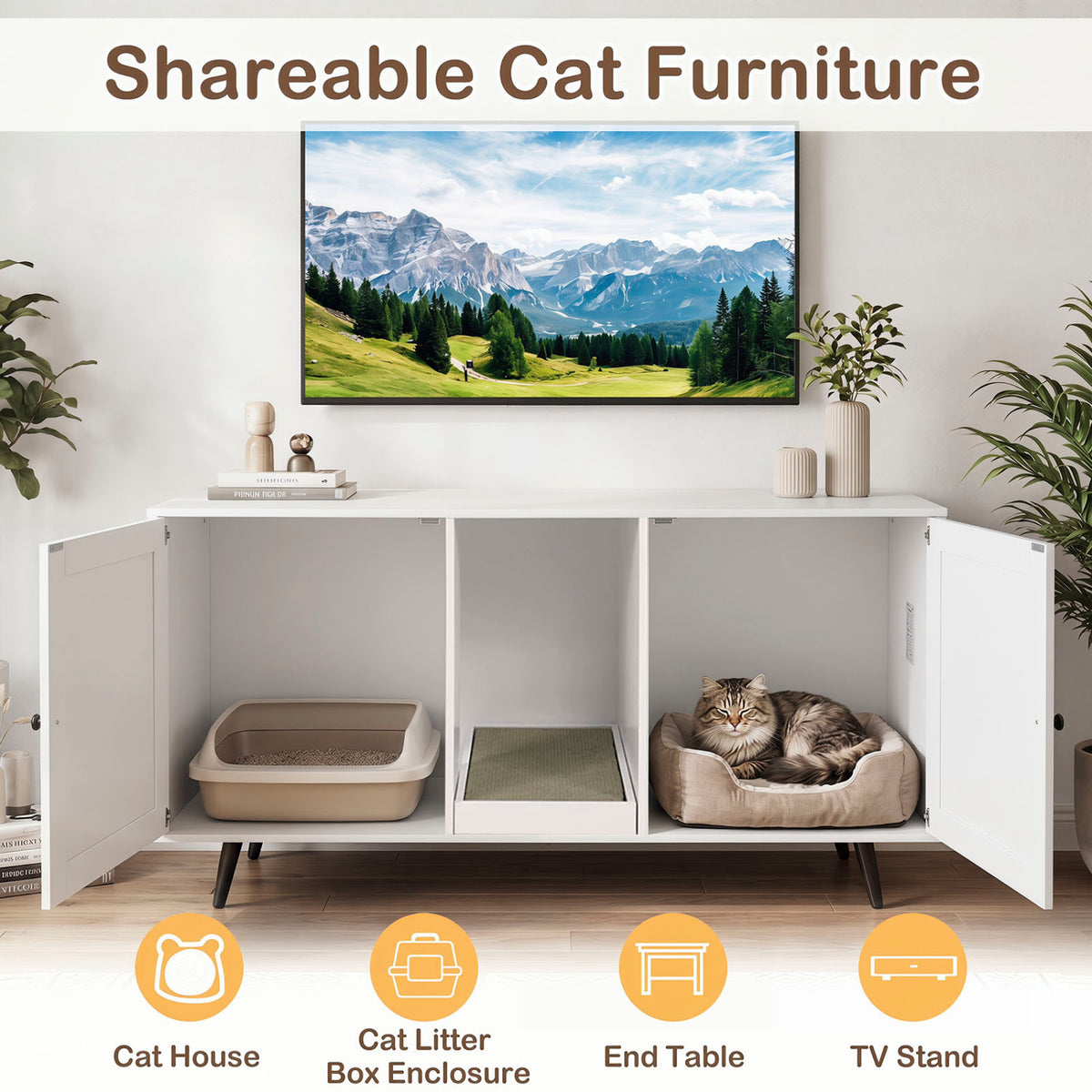 Double Cat Litter Box Enclosure for 2 Cats with Scratching Pad and Double Rooms-White