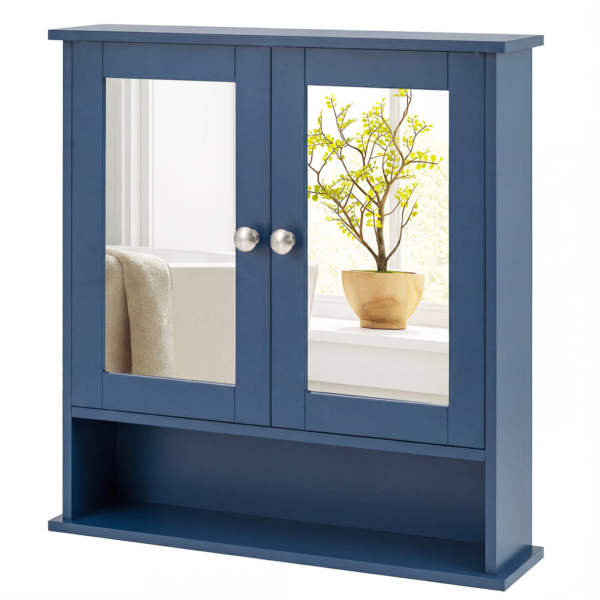 Double Door Wall-Mounted Bathroom Mirror Cabinet with Storage Shelf-Blue
