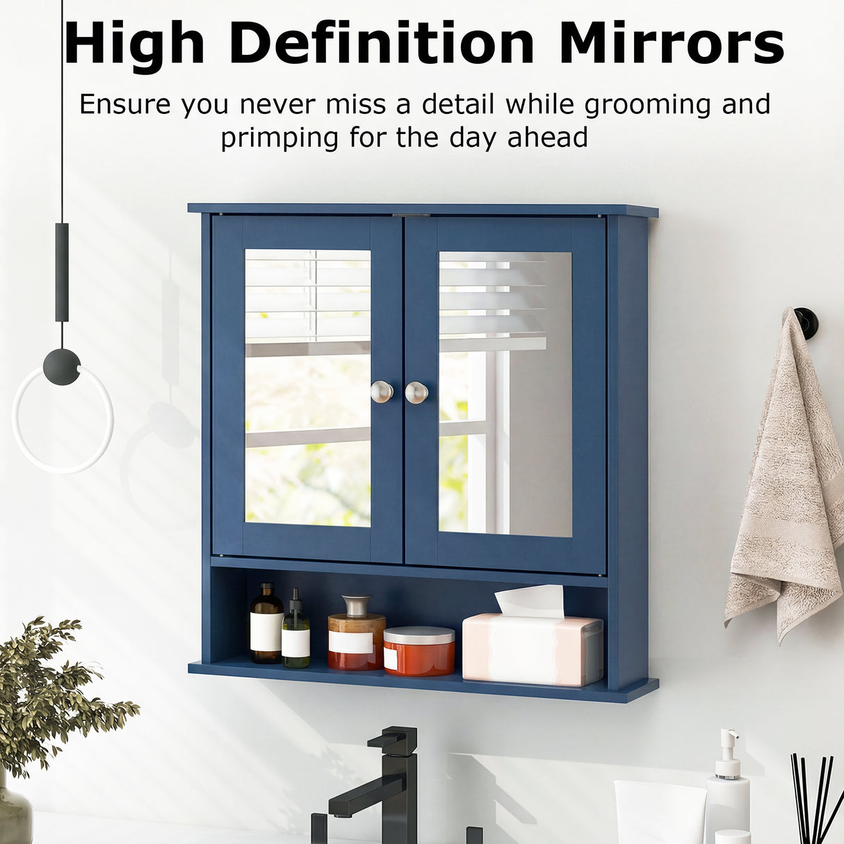 Double Door Wall-Mounted Bathroom Mirror Cabinet with Storage Shelf-Blue