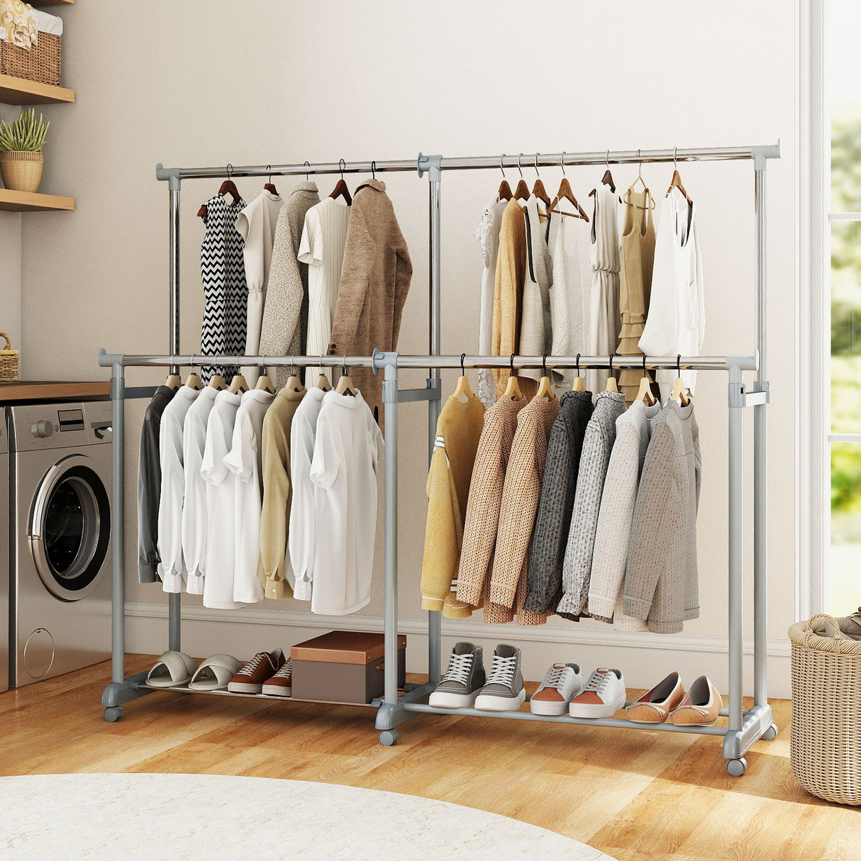 Double Rod Clothes Rack Heavy-Duty Metal Garment Rack