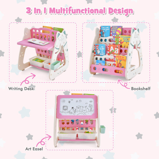 3-In-1 Double Sided Magnetic Dry-Erase Board with Stool and Flipped Writing Desktop-Pink