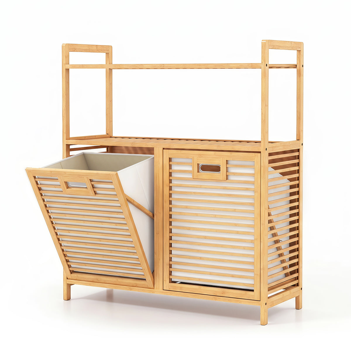 Double Tilt Out Laundry Hamper with 2 Shelves for Dirty Clothes-Natural