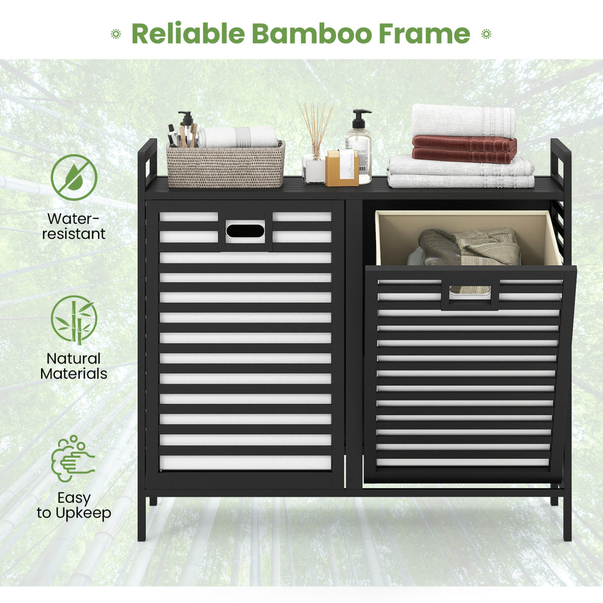 Double Tilt-out Laundry Hamper with 2 Removable Bins-Black