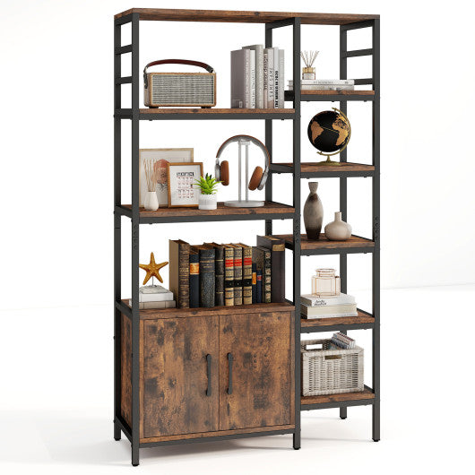 Double Wide 8-Tier Bookshelf with 2-Door Cabinet for Living Room Home Office-Rustic Brown