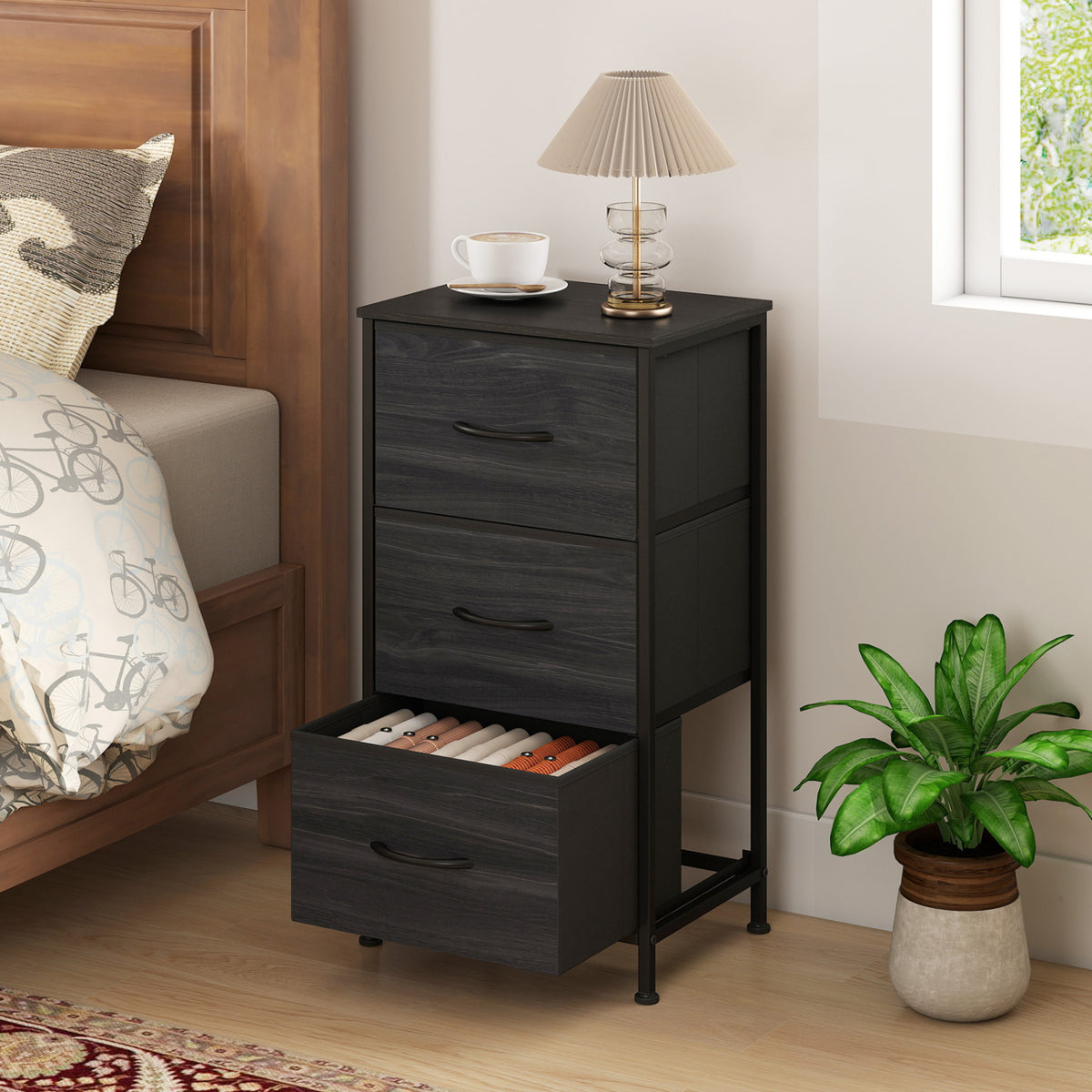 Dresser Nightstand with Roomy Fabric Drawers for Bedroom Storage Cabinet with Metal Frame-Black