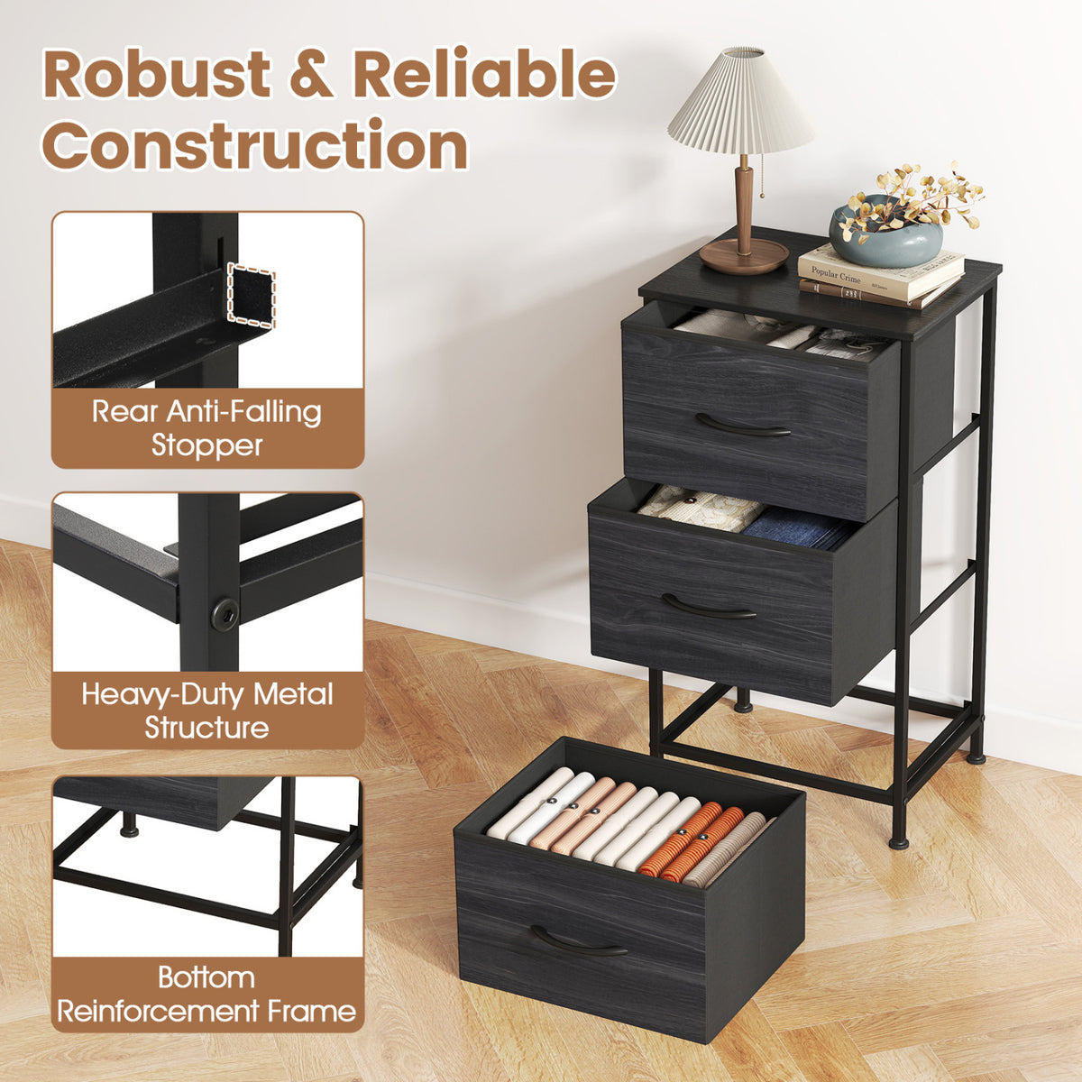 Dresser Nightstand with Roomy Fabric Drawers for Bedroom Storage Cabinet with Metal Frame-Black